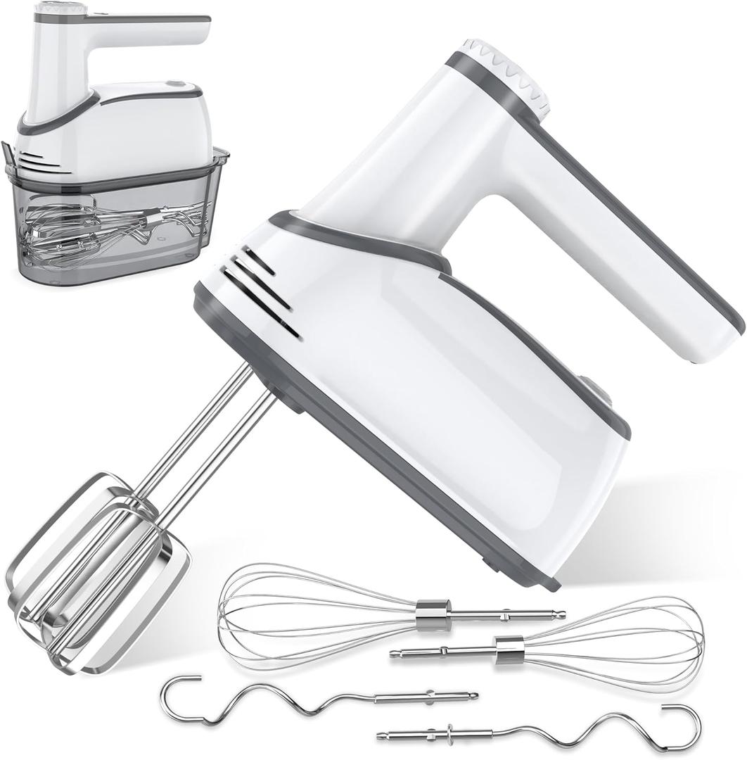Cordless Electric Hand Mixer: 12 Speeds Powerful Handheld Mixer with 6 Stainless Steel Attachments (2 Beaters, 2 Dough Hooks, 2 Whisks), Snap-On Storage Case & Eject Button (White)