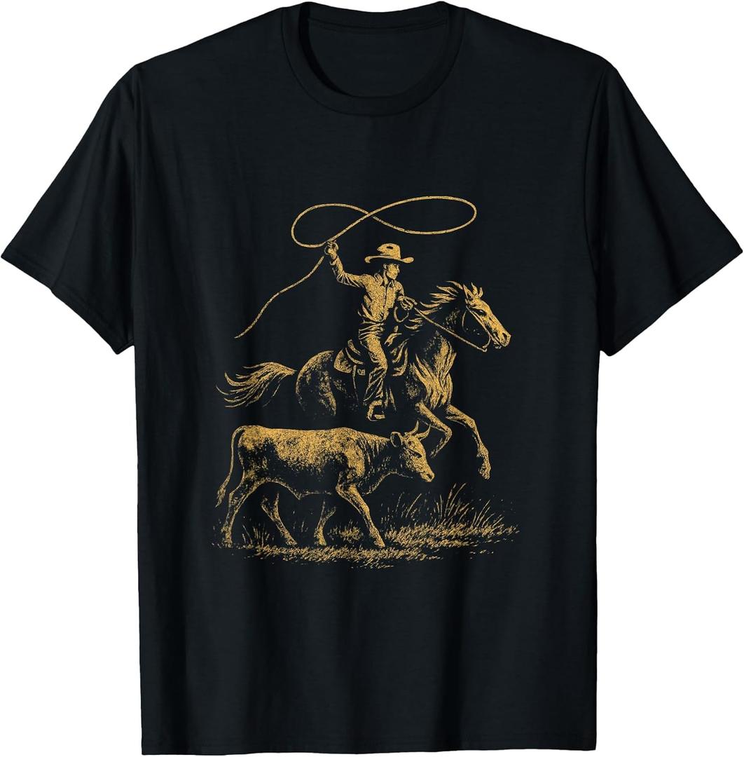 Rodeo Cowboy - Retro Cowgirl Steer Roping Art T-Shirt (Medium, Black)