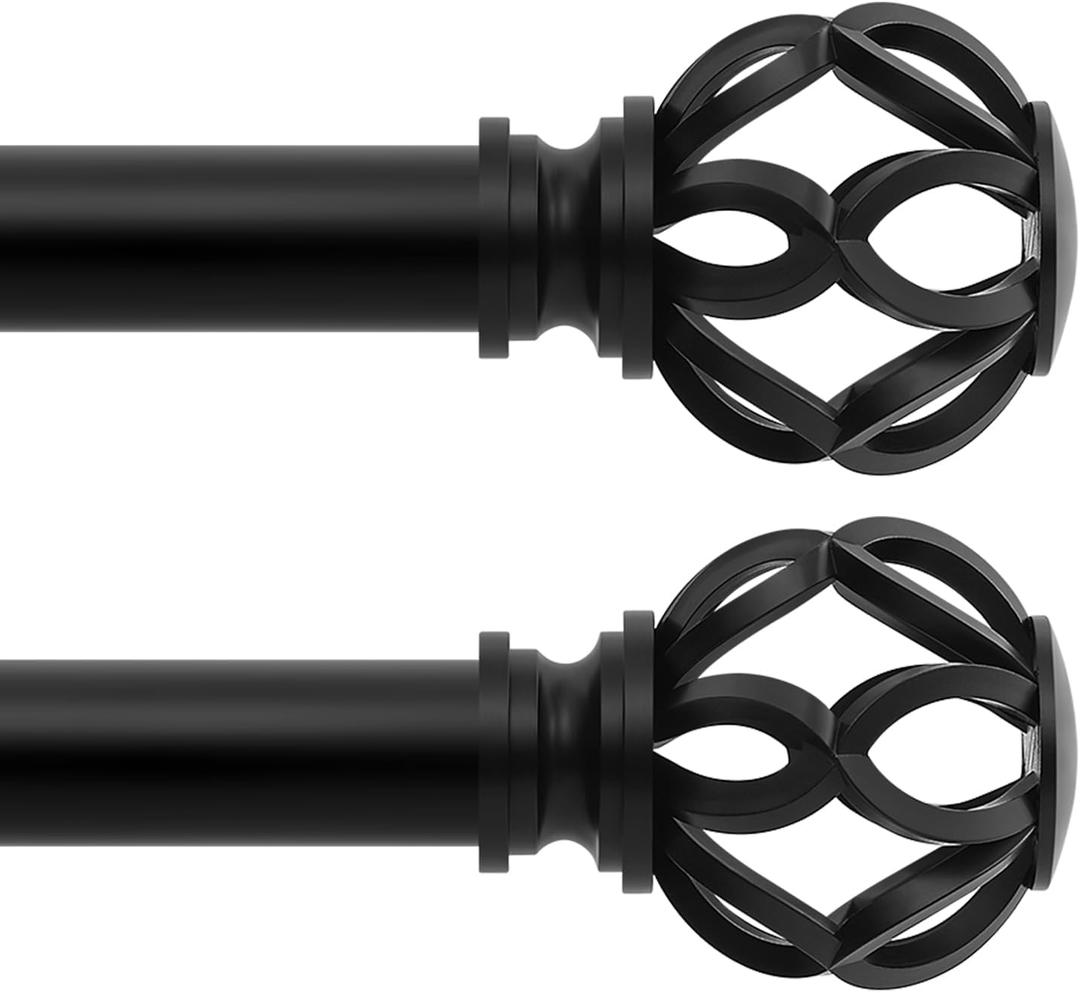 TVWOO Black Decorative Farmhouse Curtain Rods 2-Pack: 18- 45" Adjustable Heavy Duty Single Window Curtain Rod for Bedroom Living Room, Black Boho Rustic Drapery Rods with Vintage Twist Finial Easy Install