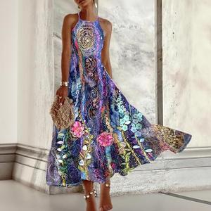 Women's Summer Blue Floral Print Halter Neck Maxi Dress, Boho Sleeveless Flowy Vacation Dress Small