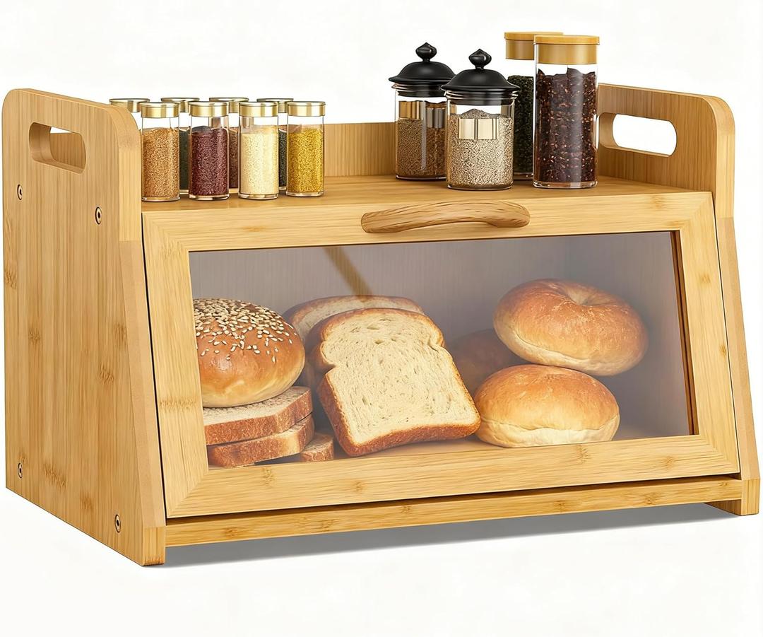 BAMBANG Extra Large Bread Box, Bread Box for Homemade Bread, Bamboo Wooden Bread Storage Container with Tool Holder & Handles & Window, Assembly Required(14.9" x 9.8" x 9.4") Natural