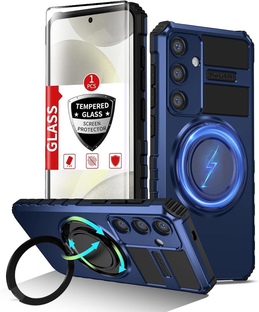 for Samsung Galaxy S24 Case Compatible Wireless Charging Magnetic, with 1 Screen Protector, for S24 Phone Case Built-in 360Kickstand Ring Military Grade Shockproof Heavy Duty Protection Blue