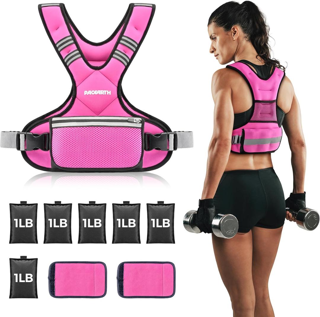 PACEARTH Adjustable Weight Vest 4-10lbs / 11-20lbs / 20-32lbs X-Shape Weighted Vest for Women and Men, Home Workout Ironsand Vest with Zipper Pouch and 6 Weight Packs,  Pink