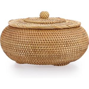 Hipiwe Round Rattan Boxes with Lid Natural Woven Storage Basket Bin Multi-Purpose Wicker Tray Weaving Decorative Shelf Basket Farmhouse Picnic Bread Fruit Table Storage Basket (Large8.9"D x 4.7"H)