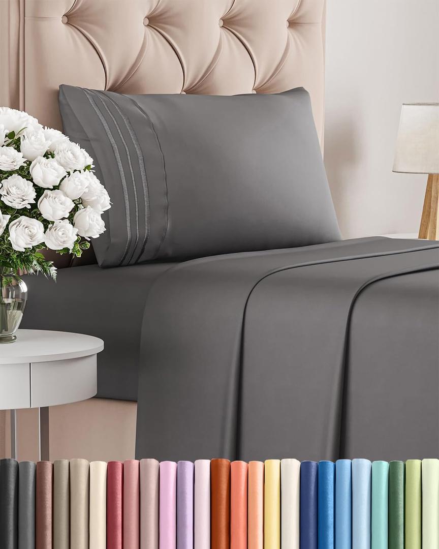 Twin Size 3 Piece Sheet Set - Comfy Breathable & Cooling Sheets - Hotel Luxury Bed Sheets for Women & Men - Deep Pockets, Easy-Fit, Extra Soft & Wrinkle Free Sheets - Dark Grey Oeko-Tex Bed Sheet Set