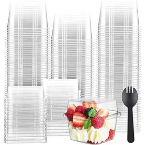 Tanlade 100 Sets 8 oz Clear Dessert Cups with Lids and Sporks Square Plastic Cups Disposable Parfait for Appetizer Mousse Fruit Oatmeal Party Serving
