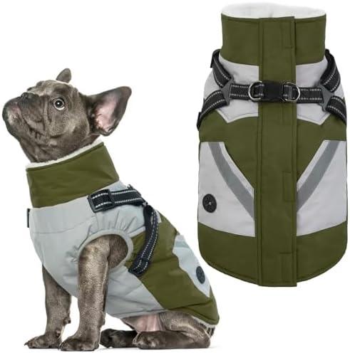 IECOii Dog Coat with Harness Built in - Green, Large - Waterproof Winter Coat, Fleece Lined Snow Jacket for Dogs Large