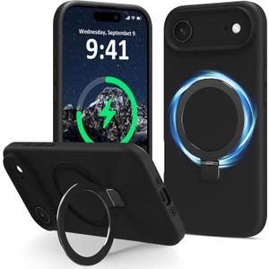 Vanxiliiy Compatible with iPhone Air Case with Stand, Full Camera Protection Slim Liquid Silicone Phone Cases for iPhone 17 Air Compatible with MagSafe Magnetic Ring Kickstand Case 6.5", Black