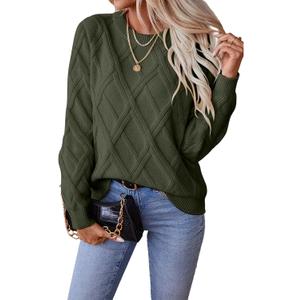 SHEWIN Womens Sweaters Crewneck Cable Knit Sweater Long Sleeve Fall Tops for Women 2025 (Medium, Blackish Green)