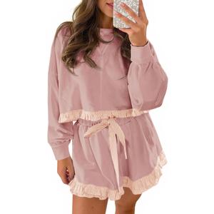 Fisoew Women's 2 Piece Lounge Sets Color Block Ruffle Cropped Sweatshirts Loose Drawstring Waist Shorts Sweatsuits (Pink), Small