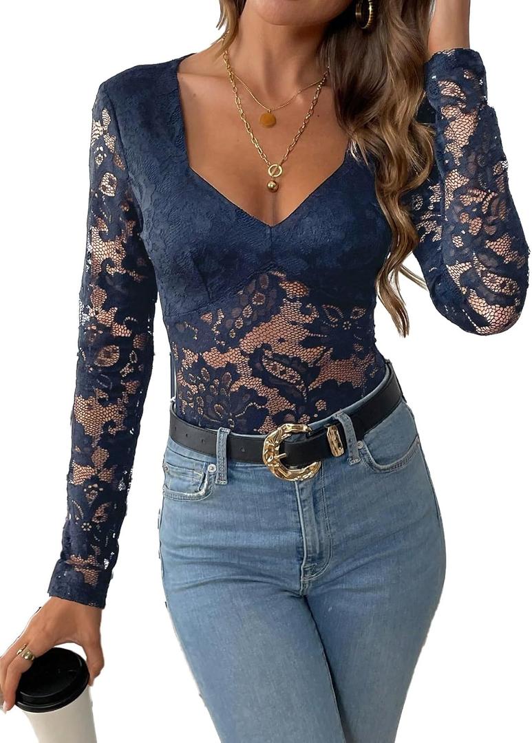 SweatyRocks Women's Sheer Floral Lace V Neck Bodysuit Long Sleeve Slim Fit Jumpsuits (M)