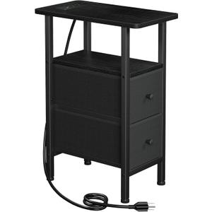 Narrow End Table Living Room with Charging Station, Skinny Side Table with Fabric Drawers, Slim Nightstand for Bedroom, Small Spaces, Couch, Black, HETNDP02BK-1