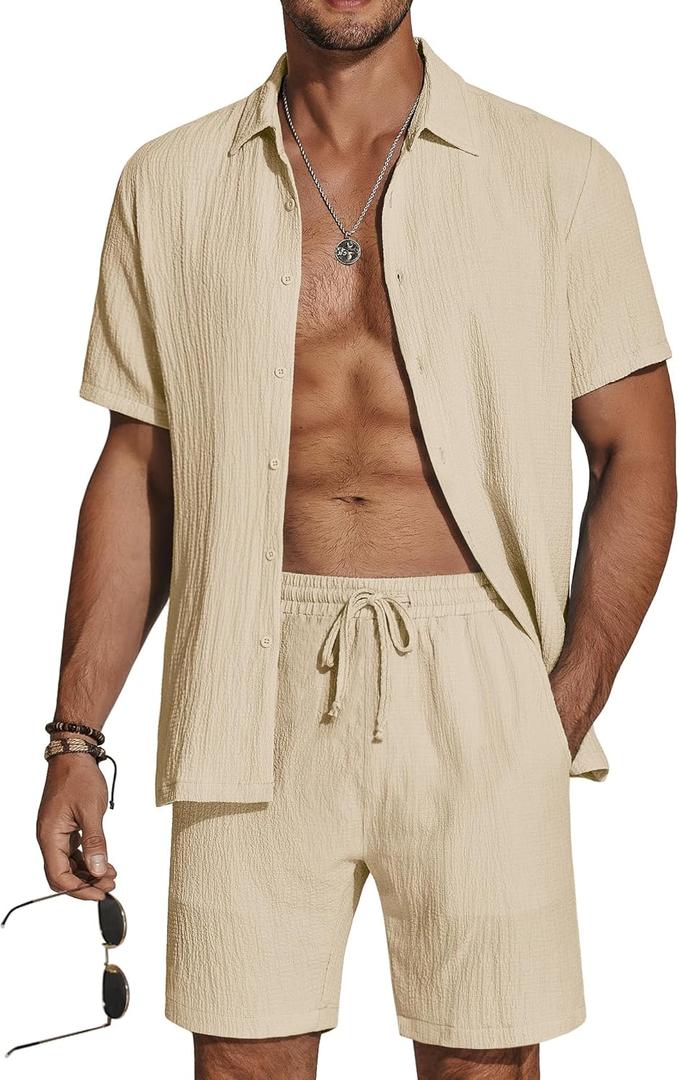 COOFANDY Men's 2 Piece Textured Outfits Beach Button Down Short Sleeve Shirt and Short Sets (Large)