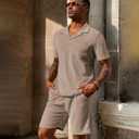 URRU Men's Polo Shirt and Shorts Set Summer Outfits Beach Terry Casual Short Sleeve 2 Piece Short Set for Men (Beige, XXL)