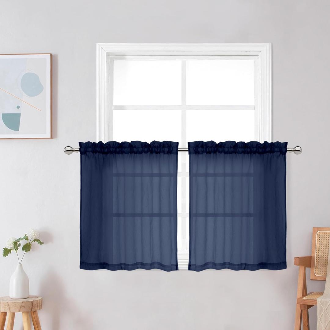 OWENIE Crushed Navy Tier Curtains for Small Window Treatment 24 Inch Long 2 Panels Set, Short Sheer With Rod Pocket - Half Window for Kitchen, Cafe 42 Inches Wide