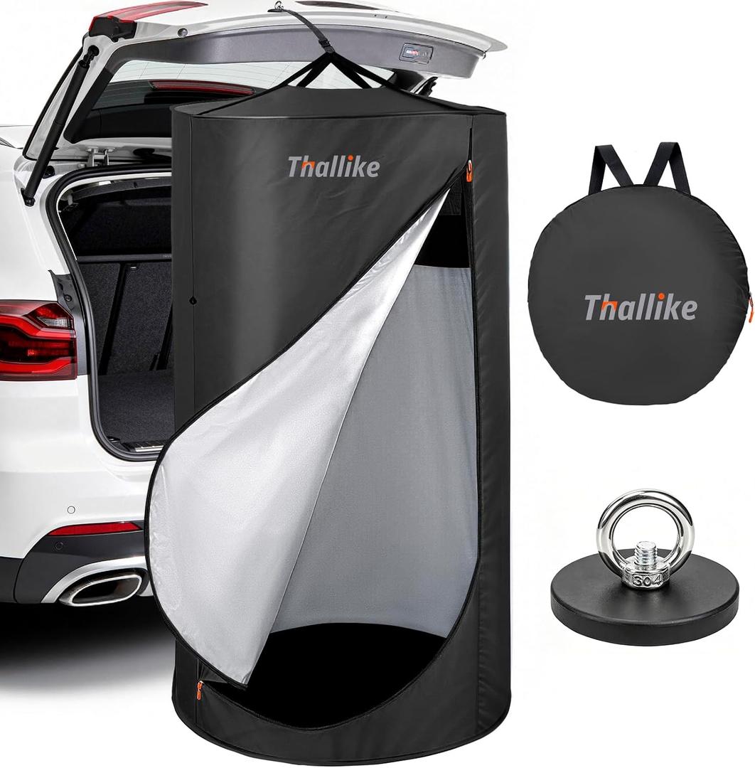 Pop Up Changing Tent for Car, 71in Portable Camping Shower Tent with Strong Magnetic Suction Cups & Hanging Strap, Privacy Bathroom Toilet Pod with Interior Clothesline, Hooks, Carry Bag (Black), Xl