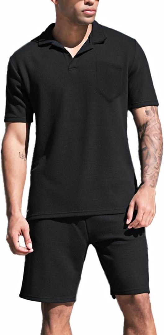 TUVEKE Men's Polo Shirt and Shorts Set Casual Waffle Knit Tracksuit Set for Men Summer Outfits 2 Piece Short Set (Black, L)