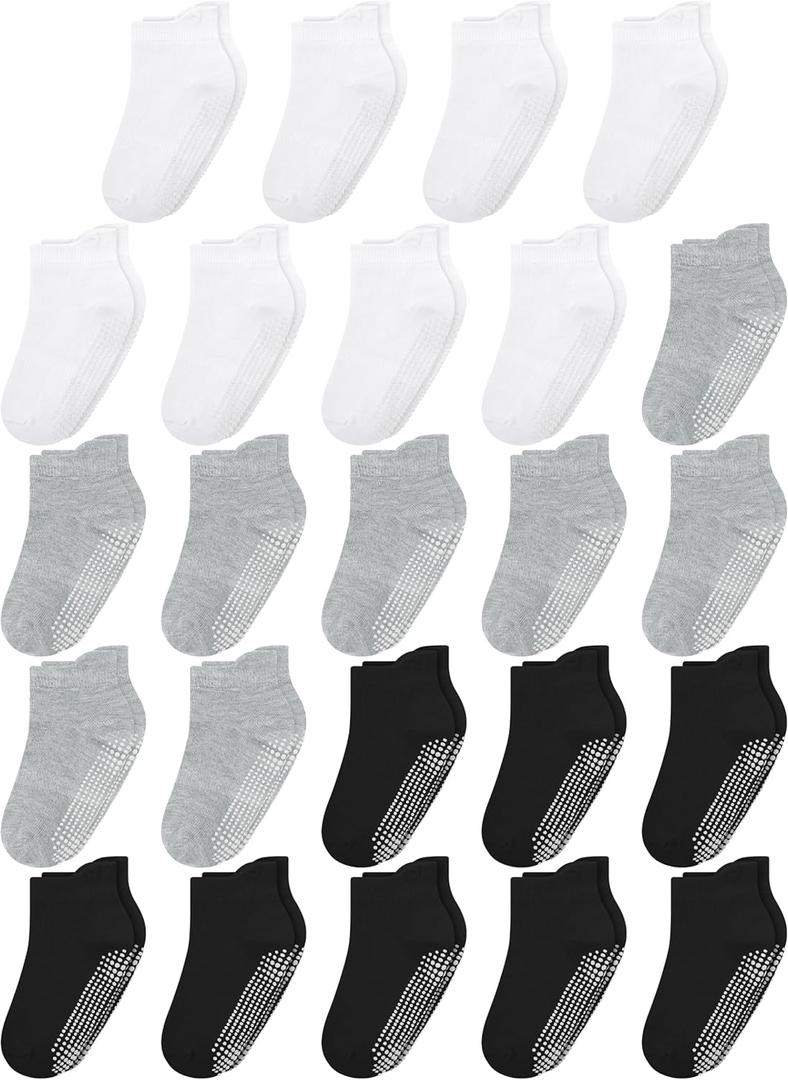 Cooraby 24 Pairs Toddler Ankle Socks with Grippers Baby Low Cut Sock Anti Slip Grip Socks for Kids Boys Girls (6-12 Months, Black,white,light Gray)