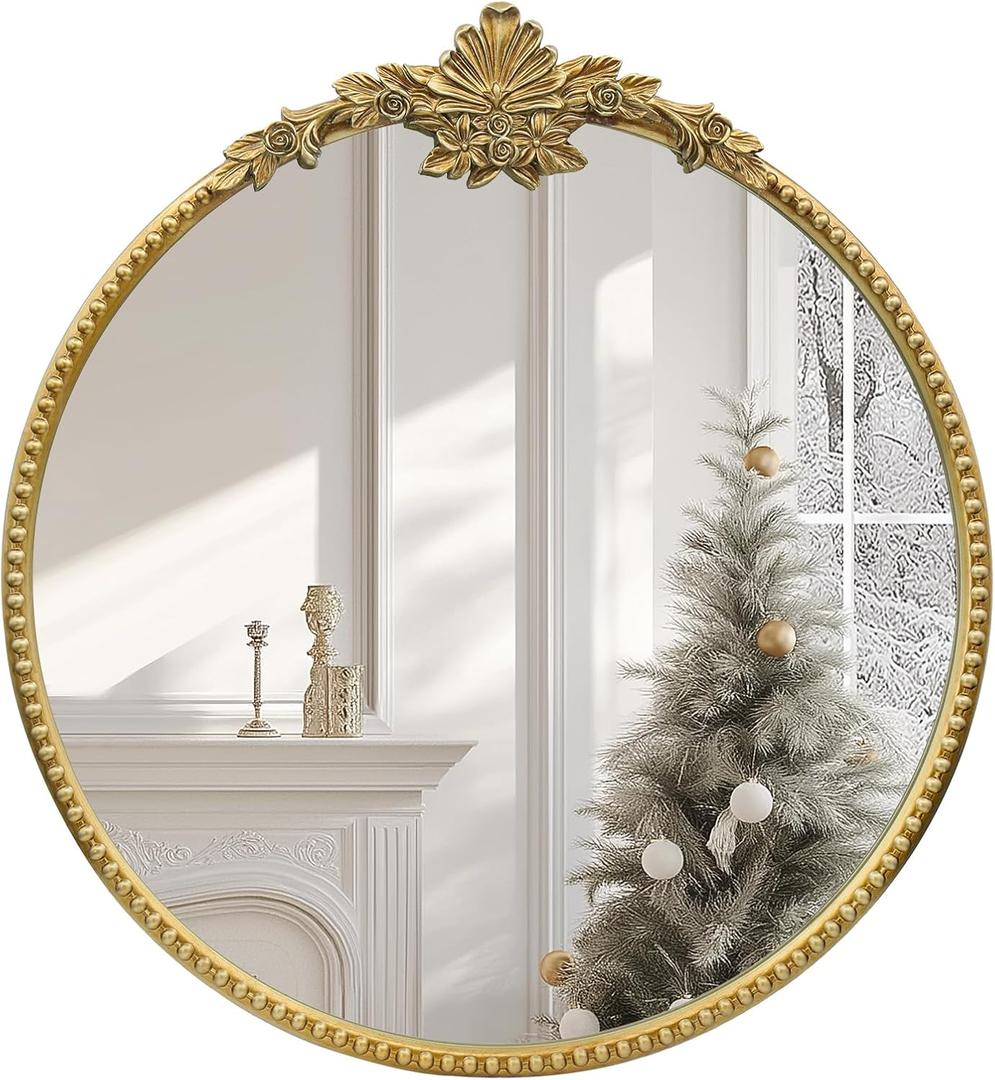 Round Gold Mirror,28inch Baroque Style Vintage Decorative Circle Wall Mirror for Living Room, Bedroom, Bathroom, and Entryway,Antique Gold