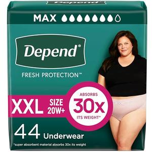 Depend Fresh Protection Adult Diapers, Incontinence & Postpartum Bladder Leak Underwear for Women, Disposable, Maximum, Extra-Extra-Large, Blush, 44 Count (2 Packs of 22), Packaging May Vary