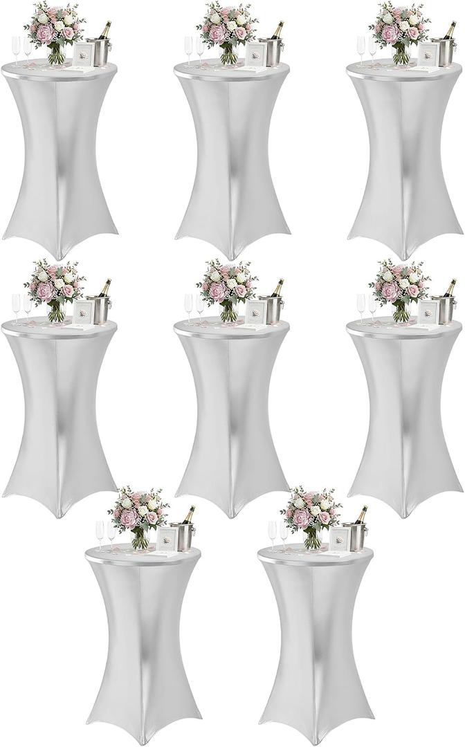 Cocktail High Top Table Covers - 32x43 Inch Fitted Spandex Round Cocktail Tablecloth for Bar Height Standing Table Cloths Reusable, for Party Wedding Banquet Event Decorations, Shiny White, 8 Pack