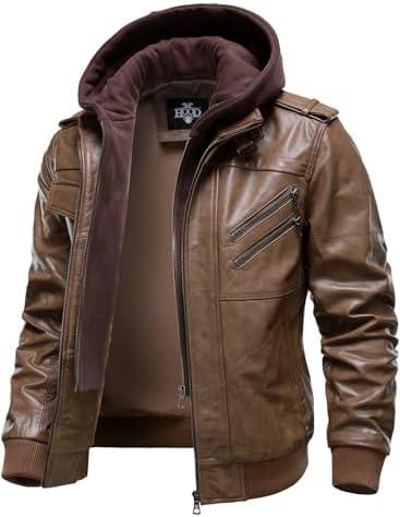 HOOD CREW Men’s Genuine Cowhide Leather Jacket Black Hooded Motorcycle Biker Jacket for Men, XL