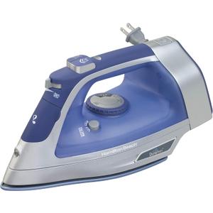 Hamilton Beach Steam Iron & Vertical Steamer for Clothes with ScratchResistant Durathon Soleplate, 8' Retractable Cord, 3Way Auto Shutoff, AntiDrip, 1500 Watts, Blue