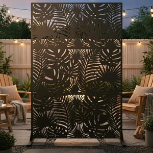 Metal Privacy Screen Outdoor 72in Decorative Laser Cut Steel Garden Divider Panel with Tropical Leaf Design, Weatherproof Freestanding Modern Privacy Fence for Patio, Deck, Backyard & Balcony