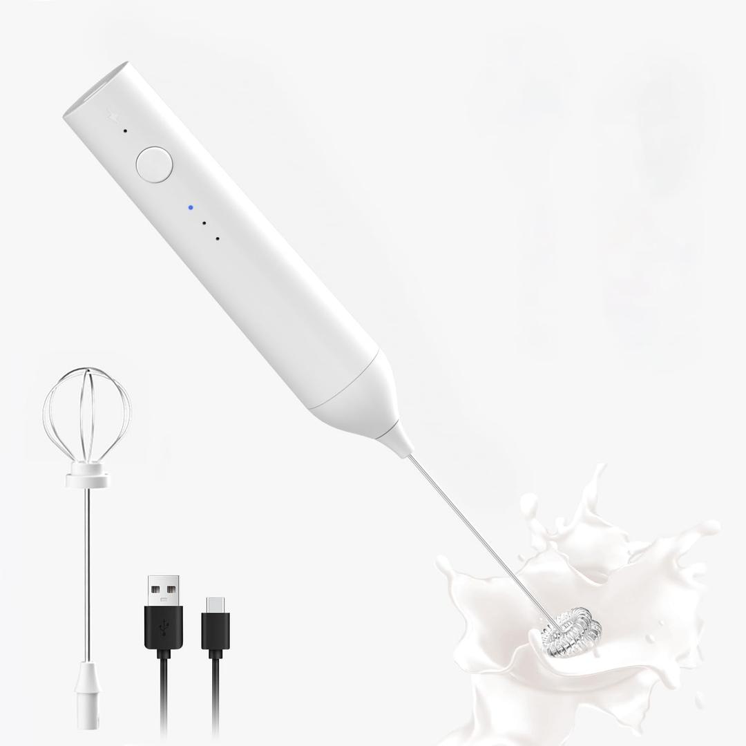Rechargeable Milk Frother, 3 Speed Electric Milk Frother Handled with Wand and Egg Whisk Attachments, for Coffee, Matcha and Protein Powder