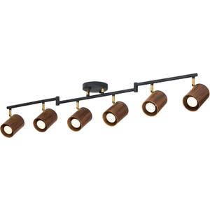 Modern 6-Light Track Lighting, 47 inch, Real Wood Adjustable Light Heads, Brass Accent, Matte Black Ceiling Track Lights for Dining Room, Living Room, Kitchen