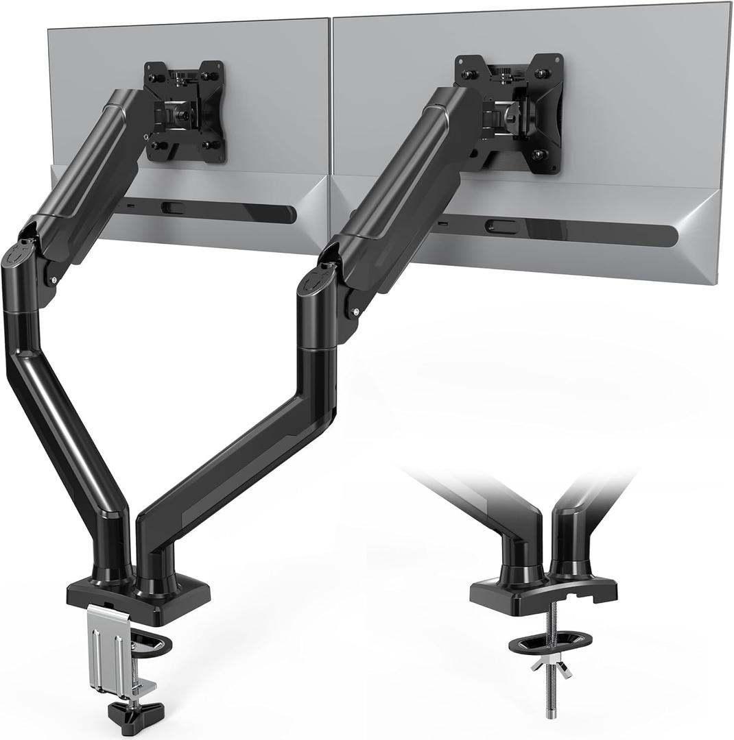 BONTEC Dual Monitor Stand, Adjustable Gas Spring Monitor Desk Mount for 13-32 Inch Screens, Full Motion VESA Mount with C Clamp, Grommet Base, Tilt, Swivel, Rotation, Each Arm Holds 6.6 to 19.8lbs