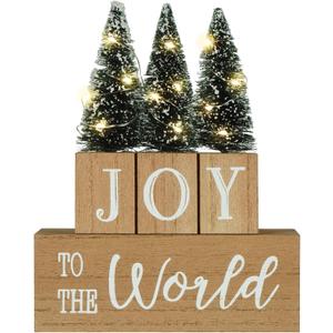 Christmas Tree Decorations for Home LED Lighted JOY to the World Decor with Time Farmhouse Winter Wooden Blok Vintage Rustic Sign for Table House Kitchen Holiday Xmas