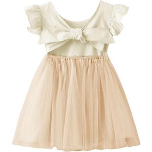 Dutebare Toddler Girls Tulle Tutu Dress Linen Ruffle Tie Back Sleeveless Kids Princess Party Dresses (3T, Beige)