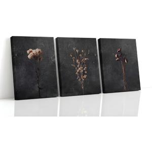FTQYQLD 3Pcs Dried Flowers Canvas Wall Art, Dark Moody Botanical Prints, Floral Still Life Stretched Canvas for Living Room, Bedroom, Office Decor, 16x24in