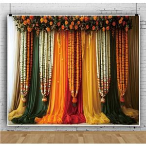 10x8ft India Pooja Traditional Backdrop Colorful Curtains Floral Indian Photography Background Puja Ganpati Mehndi Diwali Party Decorations for Wedding Birthday Festival Photo Props