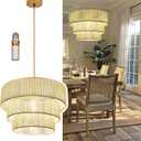 Rattan Boho Chandelier with LED Bulb Woven Pendant Light Basket for Living & Dining Room(15.7"-style B-white)