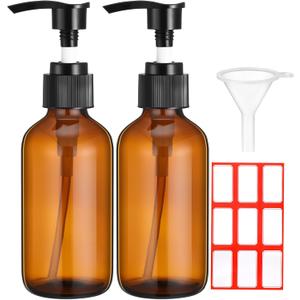 Fumete 2 Pack Glass Bottles 4oz Empty Refillable Liquid Containers with 1 Label 1 Funnel for Essential Oils Hair Travel Plants Cleaning Skin Care(Amber, Black Top,Pump Bottle)