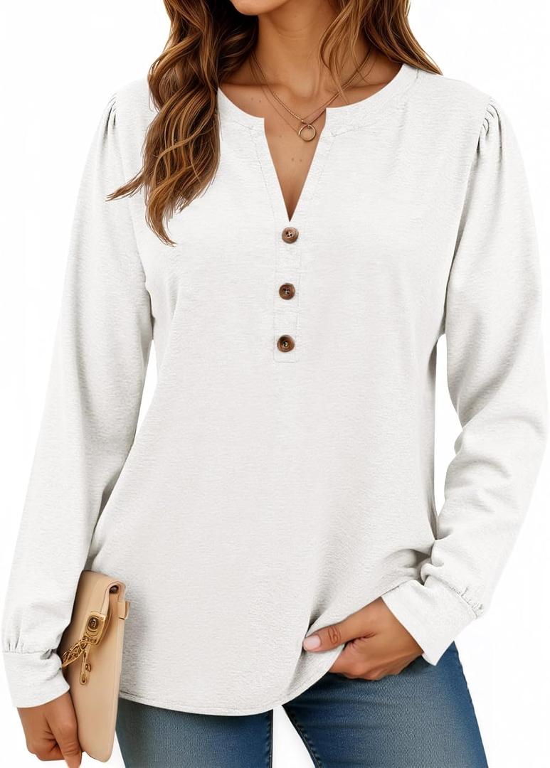 Cicy Bell Womens Puff Long Sleeve Henley Shirts Trendy Casual V Neck Button Up Tunic Tops Loose Fit Basic Tees (White, L)