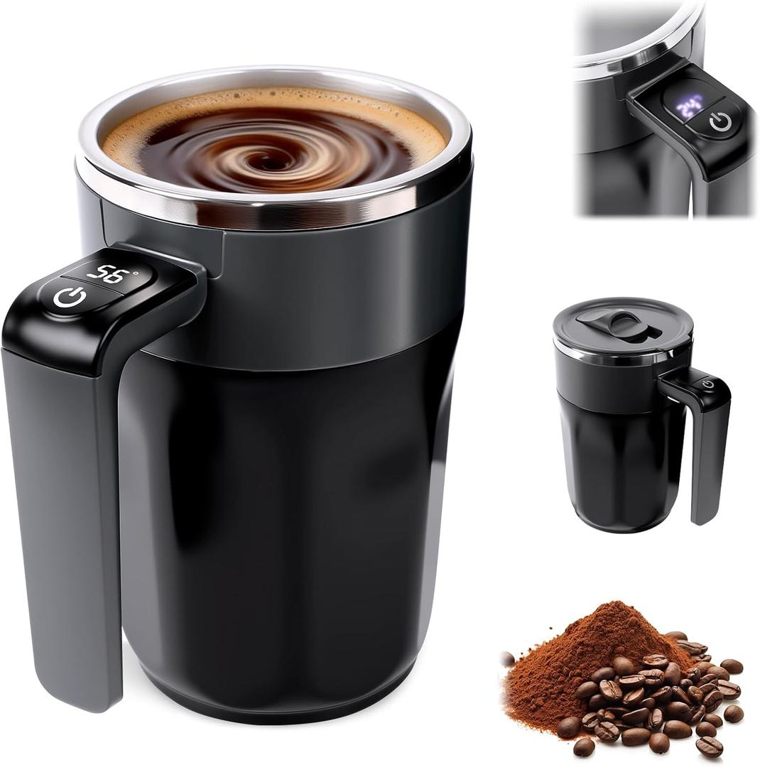 Automatic Stirring Coffee Cup with Temperature Display, Rechargeable Coffee Mug, Self-Stirring Mug with Lid, Smart Mixing Cup for Coffee, Milk and Other Beverages (Black)