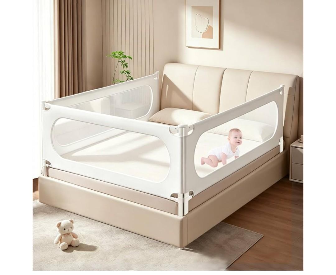 3 Piece Bed Rail for Toddlers, Bed Rails for King Bed, Double Lock Kids Bed Guard with Seamless Fit, Single-Side Lifting Design, Breathable Mesh & Thick Padded Cover (78.7*78.7*59 Inch- Queen Size)