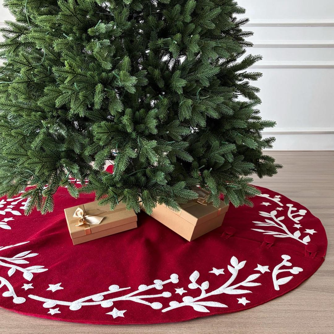 60-Inch Western Wool Felt Christmas Tree Skirt with Stitched Winter Garland Border and Button Closures, Cherry