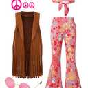 LENSOUS Girls Kids 60s 70s Hippie Costume Pants Set Outfits Fringe Vest Peace Flared Pants Accessories Set（Pink,8-10 Years）, G2991