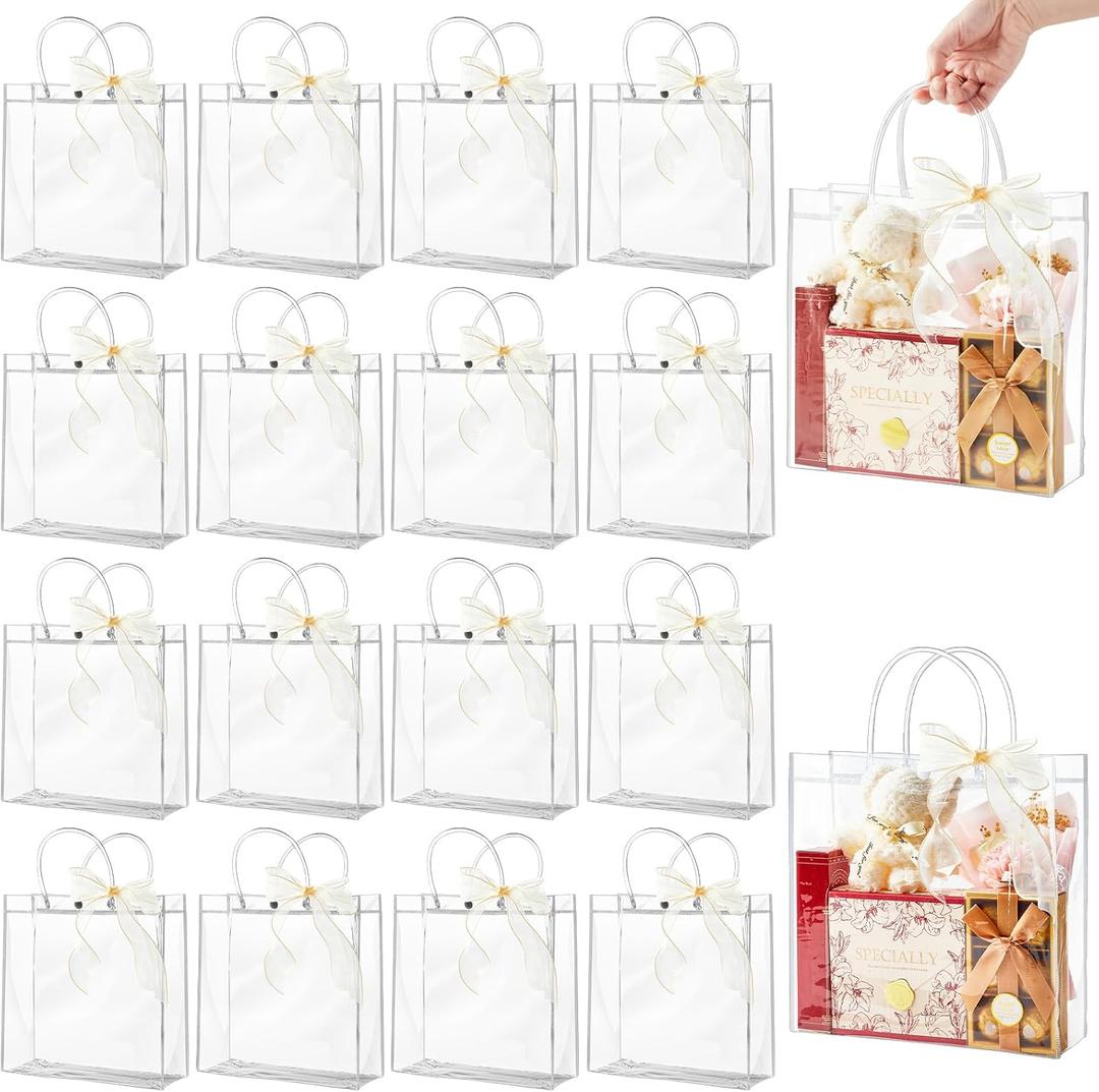 Ohuimrt 20 PCS Clear Plastic Gift Bags with Handles, 9.84 x 9.84 x 3.54 Inches Reusable Party Favor Bags with Ribbon Transparent Gift Wrap Bags Bulk for Weddings Birthdays