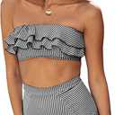 Saodimallsu Women High Waisted 2 Piece Bikini Set Bandeau Ruffle Swimsuit Top Striped Bathing Suits (Medium, Black)