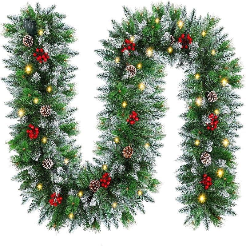FGHB Christmas Garland,Christmas Garlands with Lights,2.7M/ 9FT Christmas Garland Decorations Illuminated with LED Lights,for Stairs Fireplaces Christmas Festive Wreath Xmas Decor