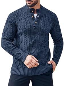 Gafeng Mens Mock Neck Pullover Sweater Casual Slim Fit Cable Knit Button Up Thermal Lightweight Winter Sweaters Knitwear Navy Blue XXL