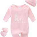 Baby Romper with Baby Mittens & Newborn Hats Footless Long Sleeve Solid Onesie Hi Im New Here (Pink)