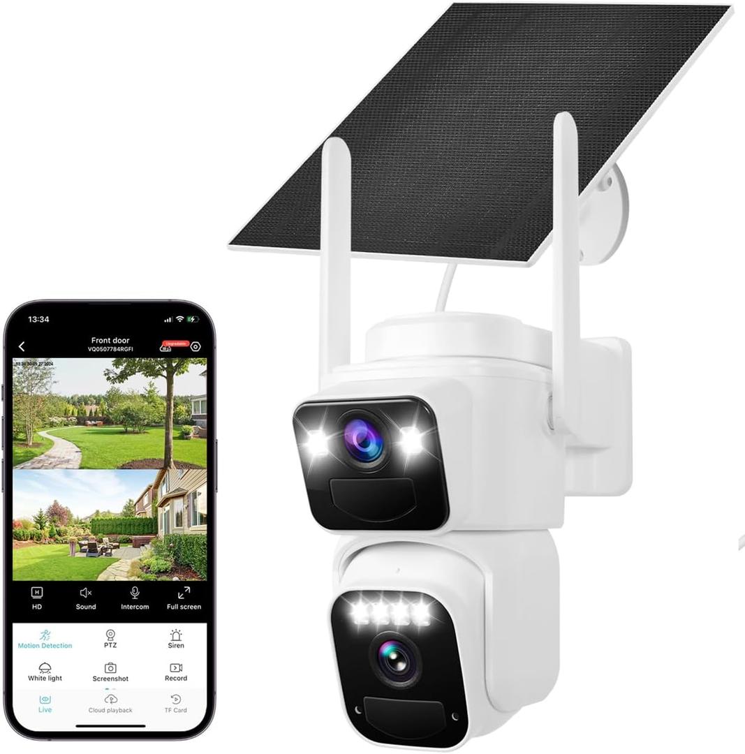 Dual Lens Dual Screen 2K Solar Security Camera Wireless Outdoor 360 View Battery Powered Camera with Spotlight Color Night Vision, PIR Sensor WiFi Home Security System