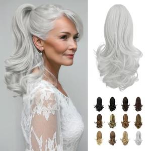 SOFEIYAN 13" Ponytail Extension Long Curly Ponytail Clip in Claw Hair Extension Natural Looking Synthetic Hairpiece for Women, Silver Grey