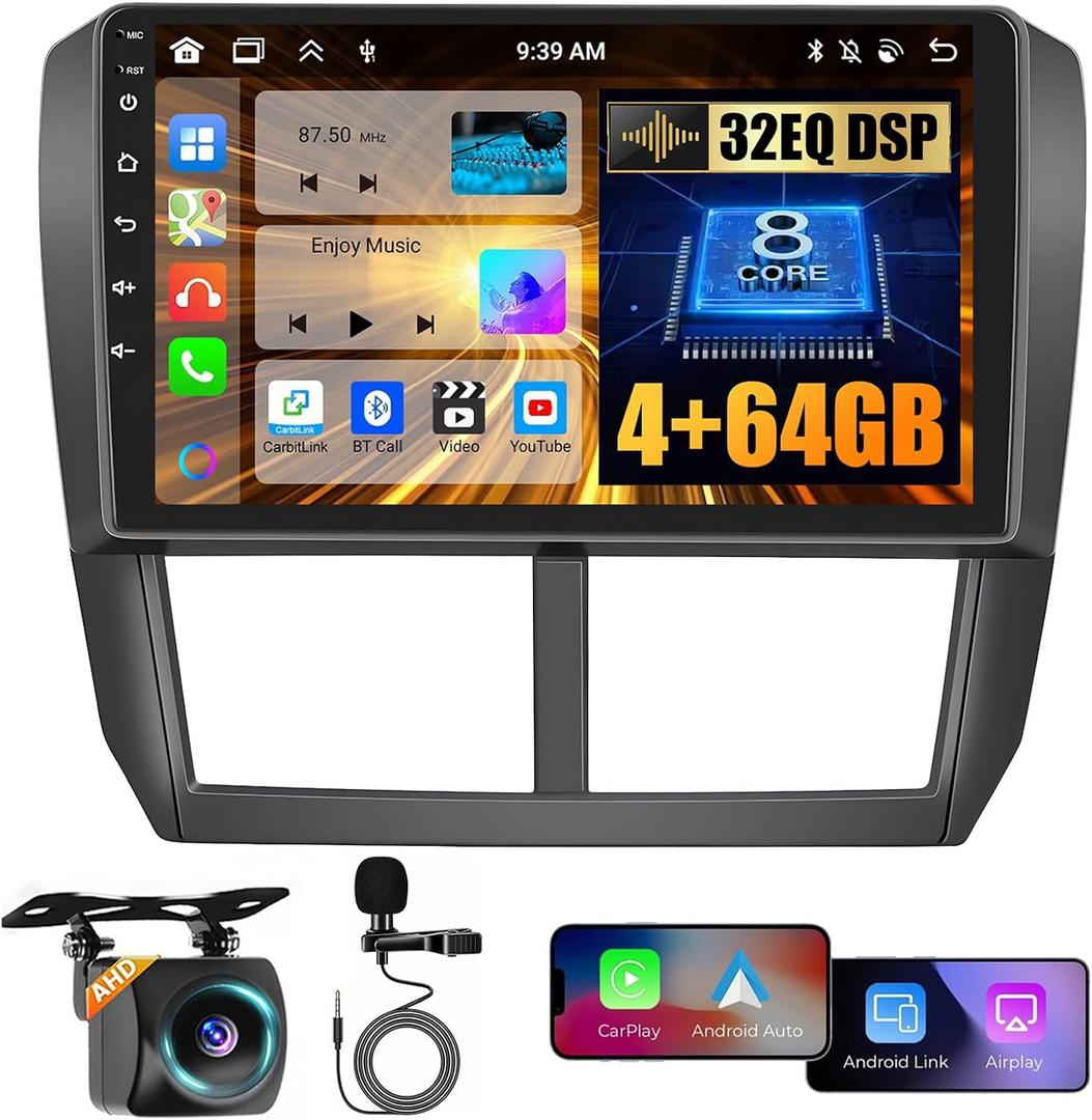 for Subaru Forester Impreza WRX 2008-2012 Android Car Stereo with Wireless Carplay, 8 Core 4+64GB 9 Inch IPS Touchscreen Car Radio 59UI GPS Navigation WiFi 32EQ DSP Backup Camrea